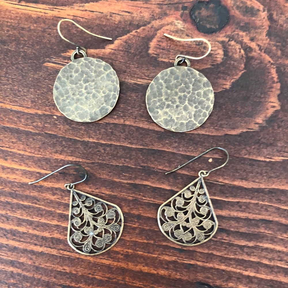 Two pairs of brass/copper toned hanging earrings